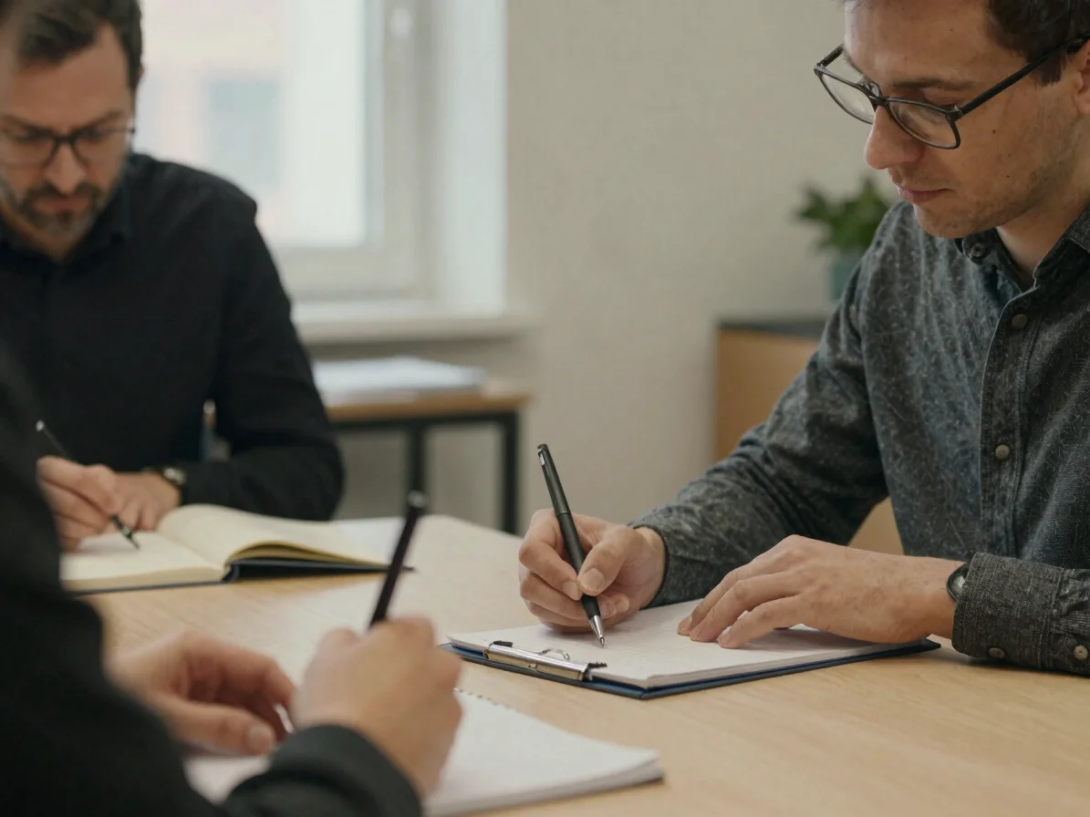 Ruhige Besprechungssituation in einem zeitgenössischen Stadtbüro, zwei Personen mit Notizen am Tisch, weiches bedecktes