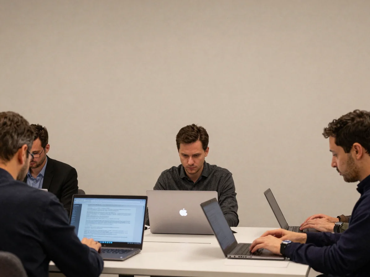 Weite, ungestellte Bürosituation mit Menschen bei konzentrierter Arbeit an Laptops, schlichte Backsteinwand im Hintergru
