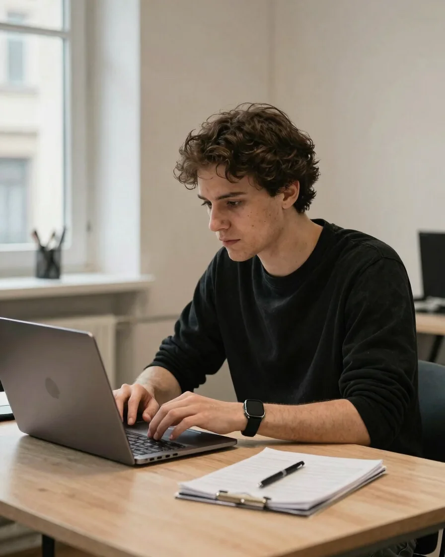 Menschen bei konzentrierter Content-Arbeit an einem Schreibtisch,